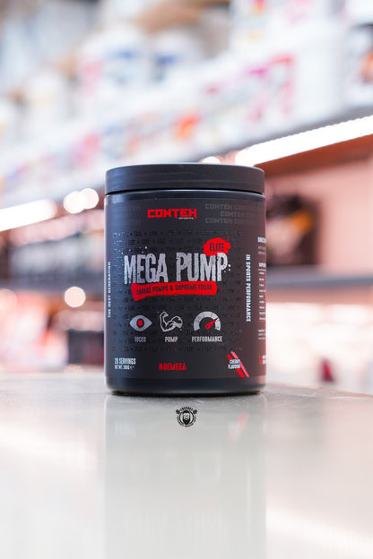 Conteh Sports Mega Pump Elite pre-workout tub, Cherry flavour, displayed on supplement store counter.