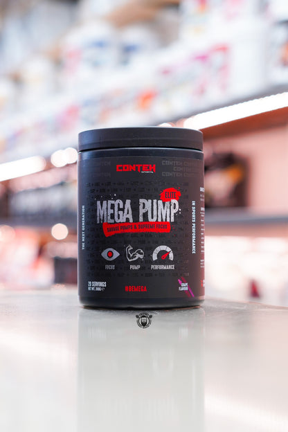 Conteh Sports Mega Pump Elite pre-workout tub, Grape flavour, supplement facts panel shown on back of tub.