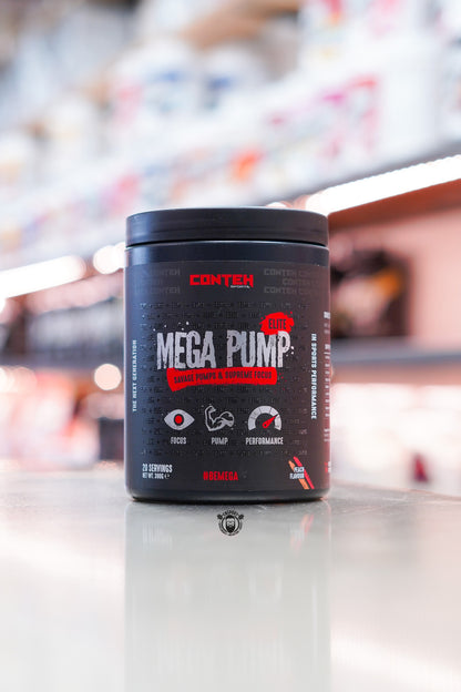Conteh Sports Mega Pump Elite pre-workout tub, Peach flavour, displayed on supplement store counter.