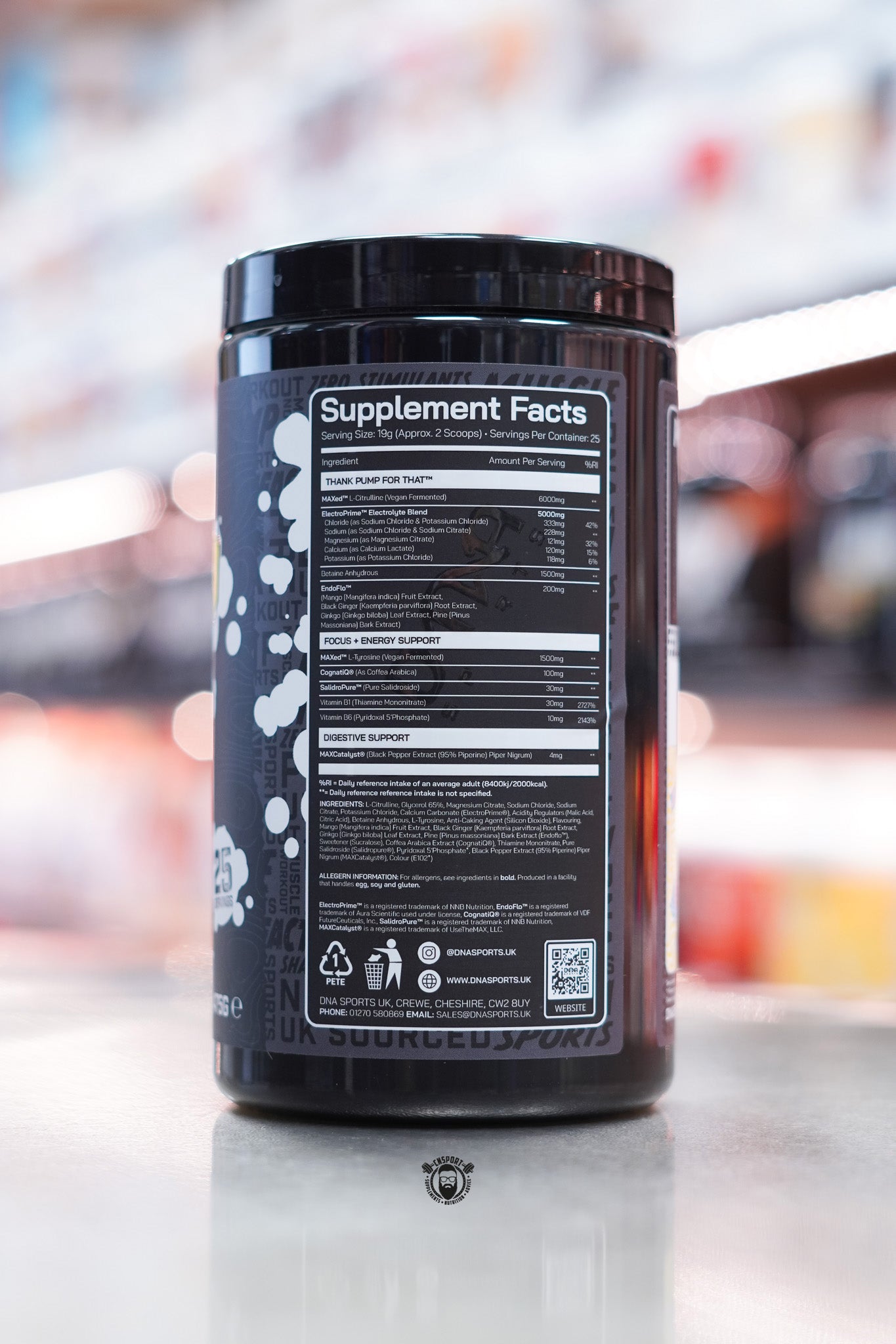 DNA Sports - Thank Pump For That Lemon Sherbet (25 Servings) – Supplement Facts Panel – Back of the tub showing full supplement facts, ingredient list, allergens, and manufacturer details.
