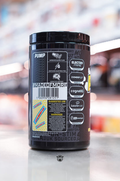 DNA Sports - Thank Pump For That Lemon Sherbet (25 Servings) – Side label – Side of the tub showing suggested use, warnings, and highlighted branded ingredients like ElectroPrime, EndoFlo, CognatiQ, and SalidroPure.