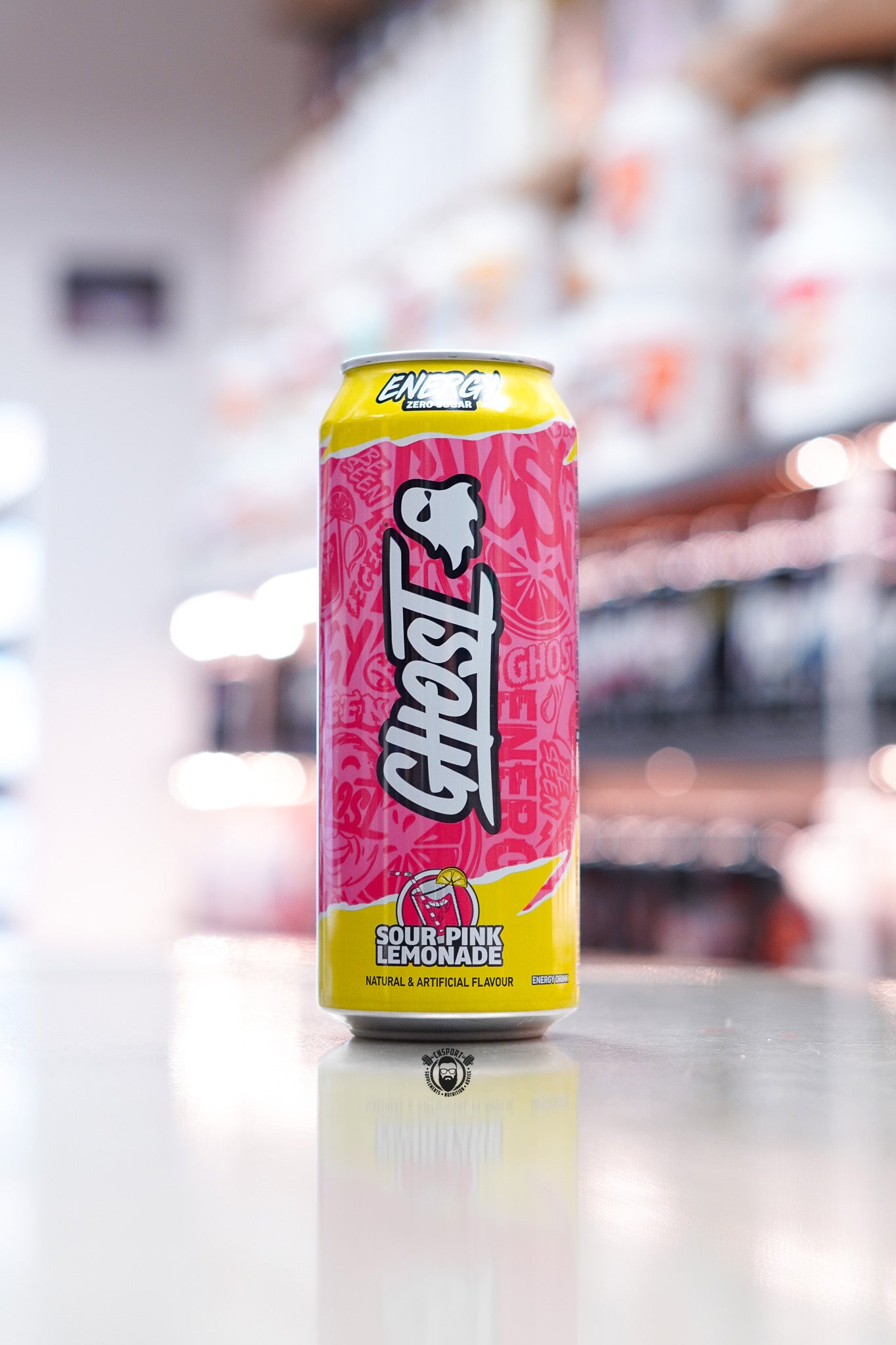 Ghost Energy zero sugar energy drink can, Sour Pink Lemonade flavour, 500ml can front view.