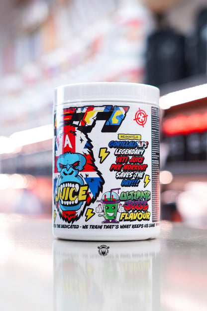 Gorilla Alpha Yeti Juice in Ultimate Juice flavour with colorful container and a graphic design on a blurred background