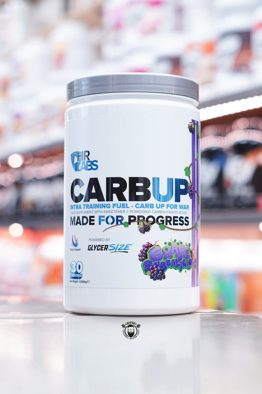 Front label of HR Labs CarbUp Grape Bubbalicious powdered carbohydrate supplement, featuring Cluster Dextrin, GlycerSize, and 30 servings.
