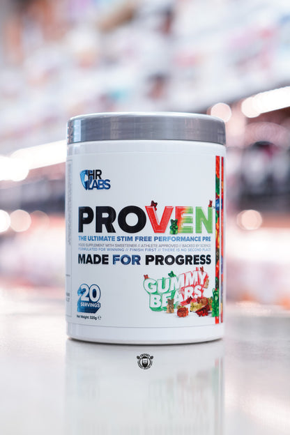 HR Labs Proven stim-free pre-workout in Gummy Bears flavour, 20 servings tub with gummy bear graphics.