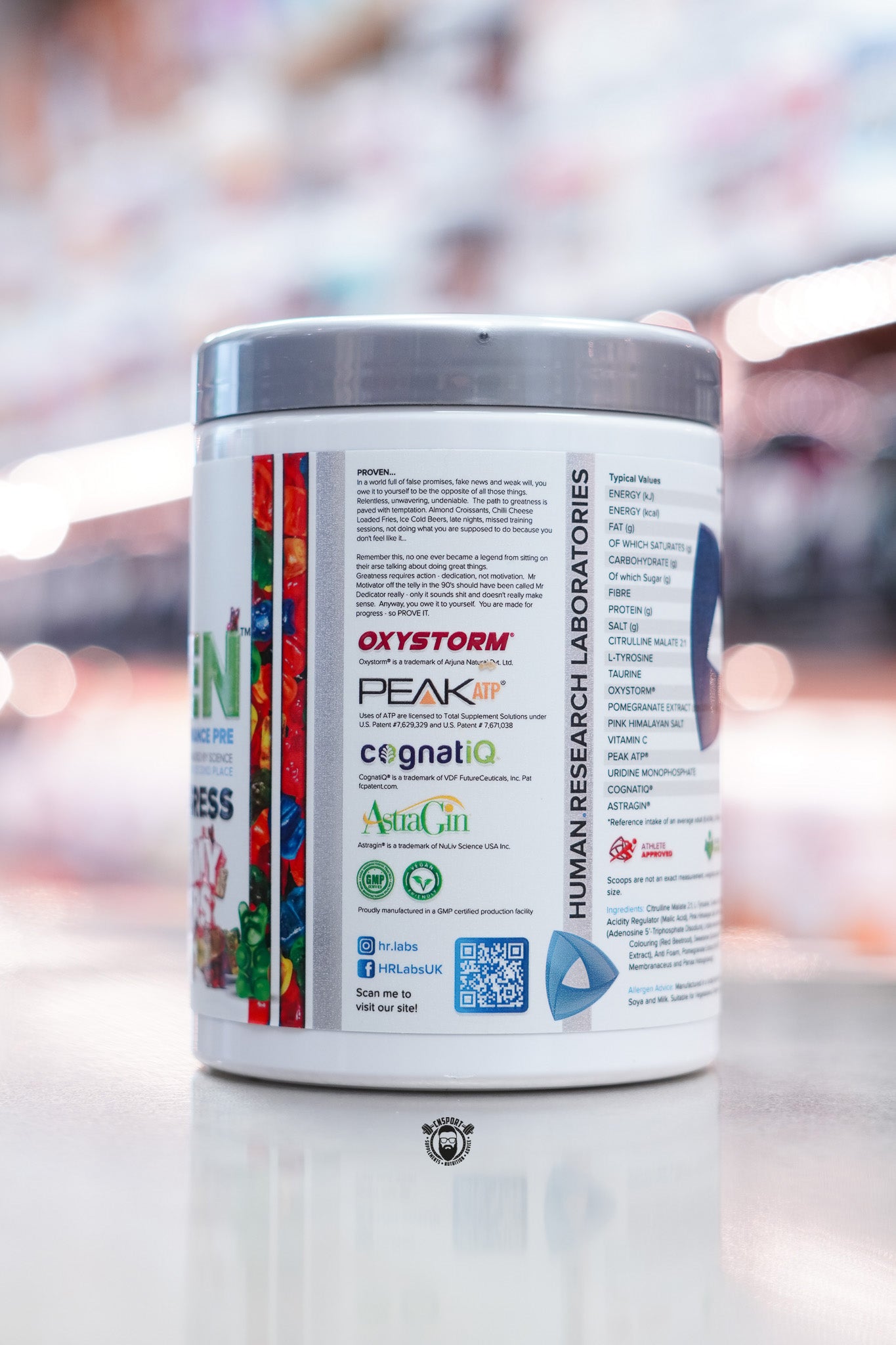 HR Labs Proven Gummy Bears pre-workout side view highlighting product story, branded ingredient logos, and certifications.