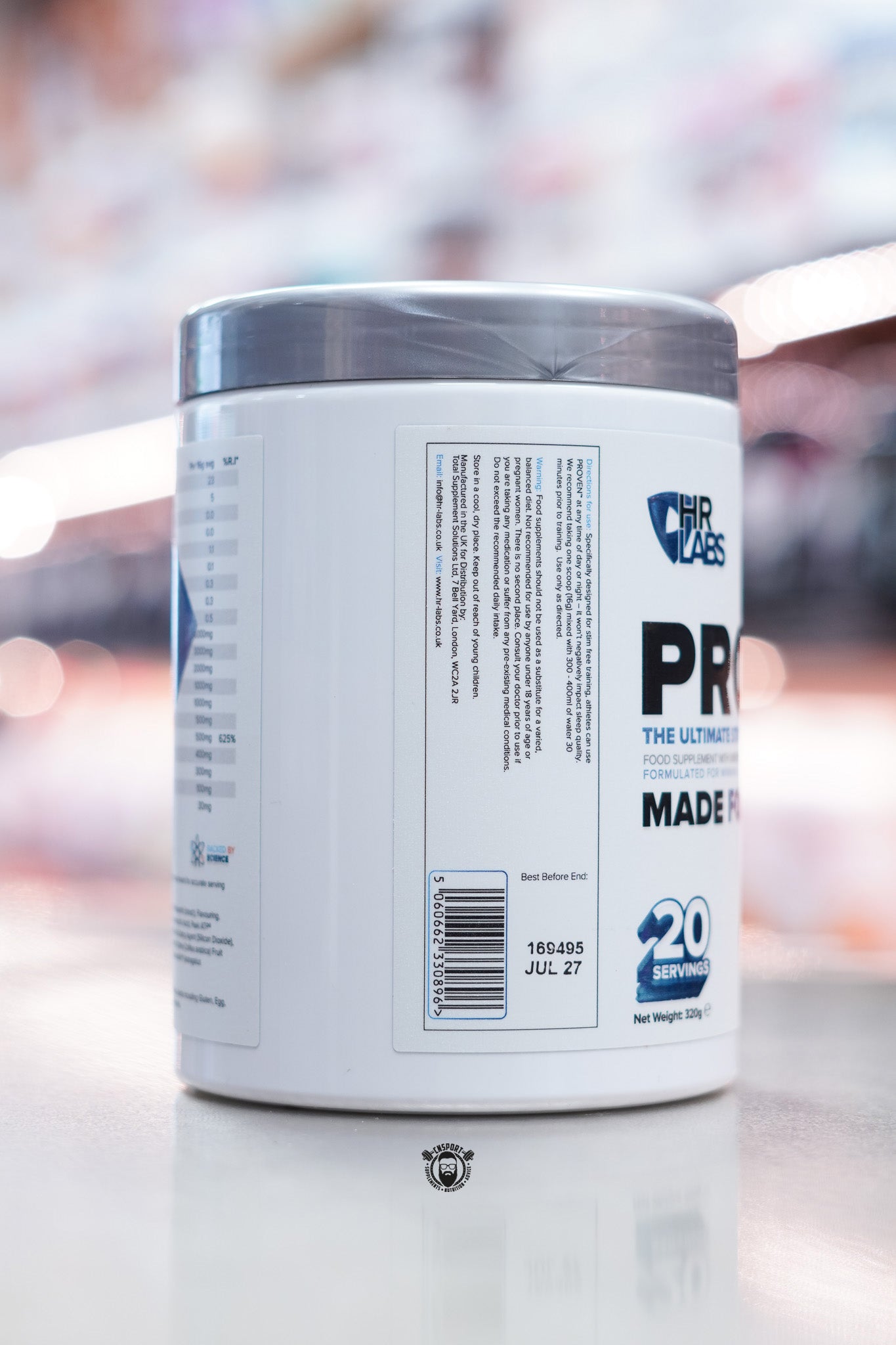 HR Labs Proven Gummy Bears pre-workout side panel with directions for use, storage, and batch details.