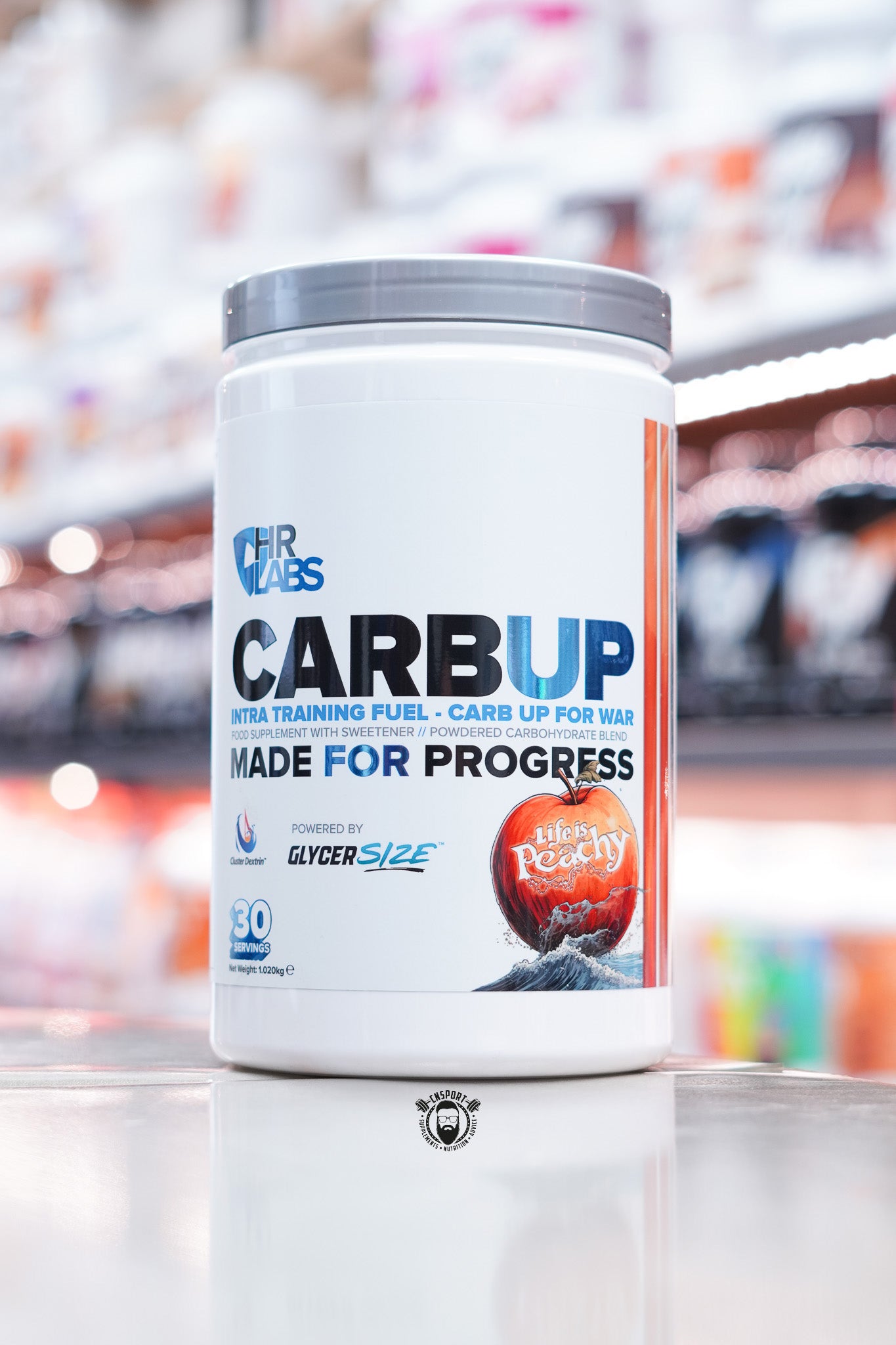 Front packaging of HR Labs CarbUp Life Is Peachy intra-training fuel supplement with 30 servings, Cluster Dextrin, and GlycerSize for endurance