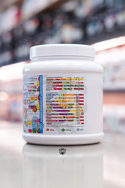 Rear nutrition panel of the HR Labs Defib Proven Fruit Punch pre-workout tub showing nutritional information, supplement facts and active ingredient amounts.