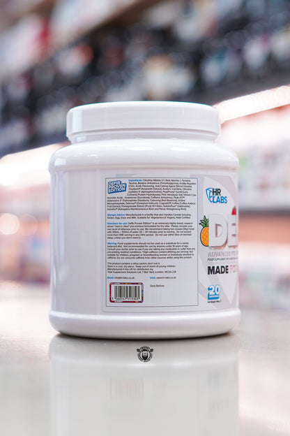 Side panel of the HR Labs Defib Proven Fruit Punch pre-workout tub showing product ingredients, directions for use, allergen information and manufacturer details.