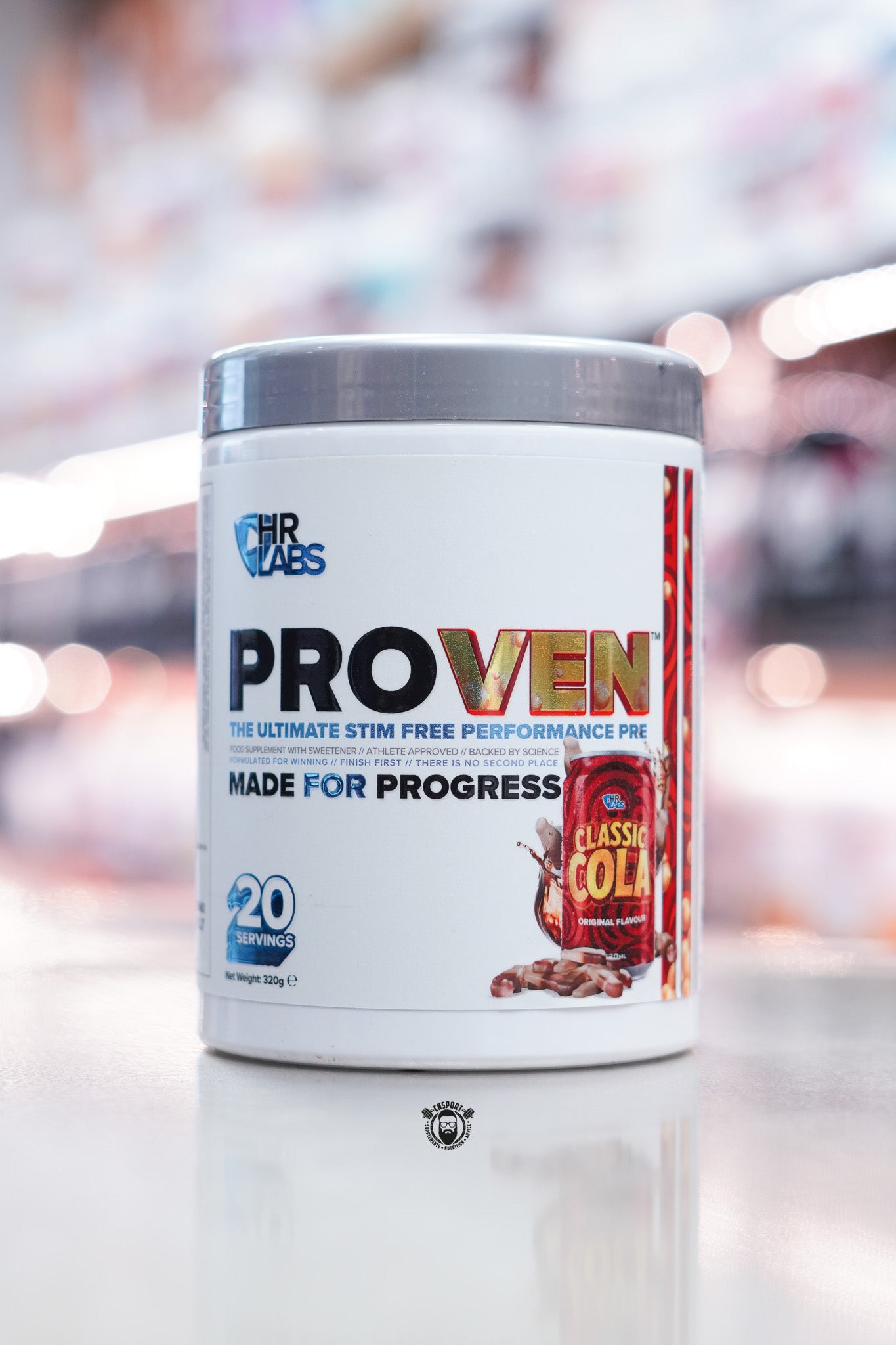 HR Labs Proven stim-free performance pre-workout in Classic Cola flavour, 20 servings tub with bold branding and cola can design.