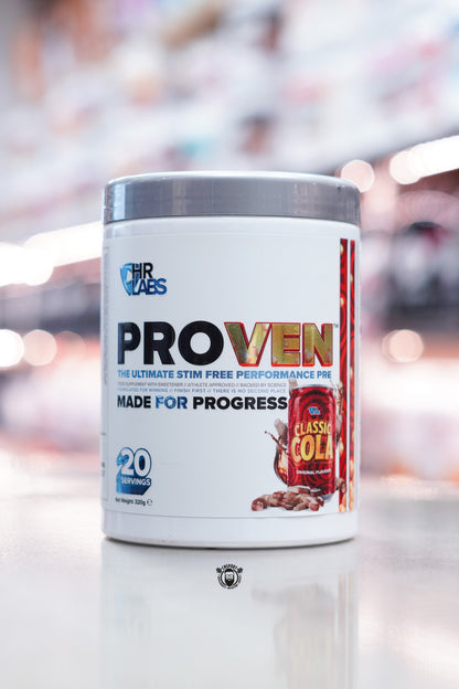 HR Labs Proven stim-free performance pre-workout in Classic Cola flavour, 20 servings tub with bold branding and cola can design.