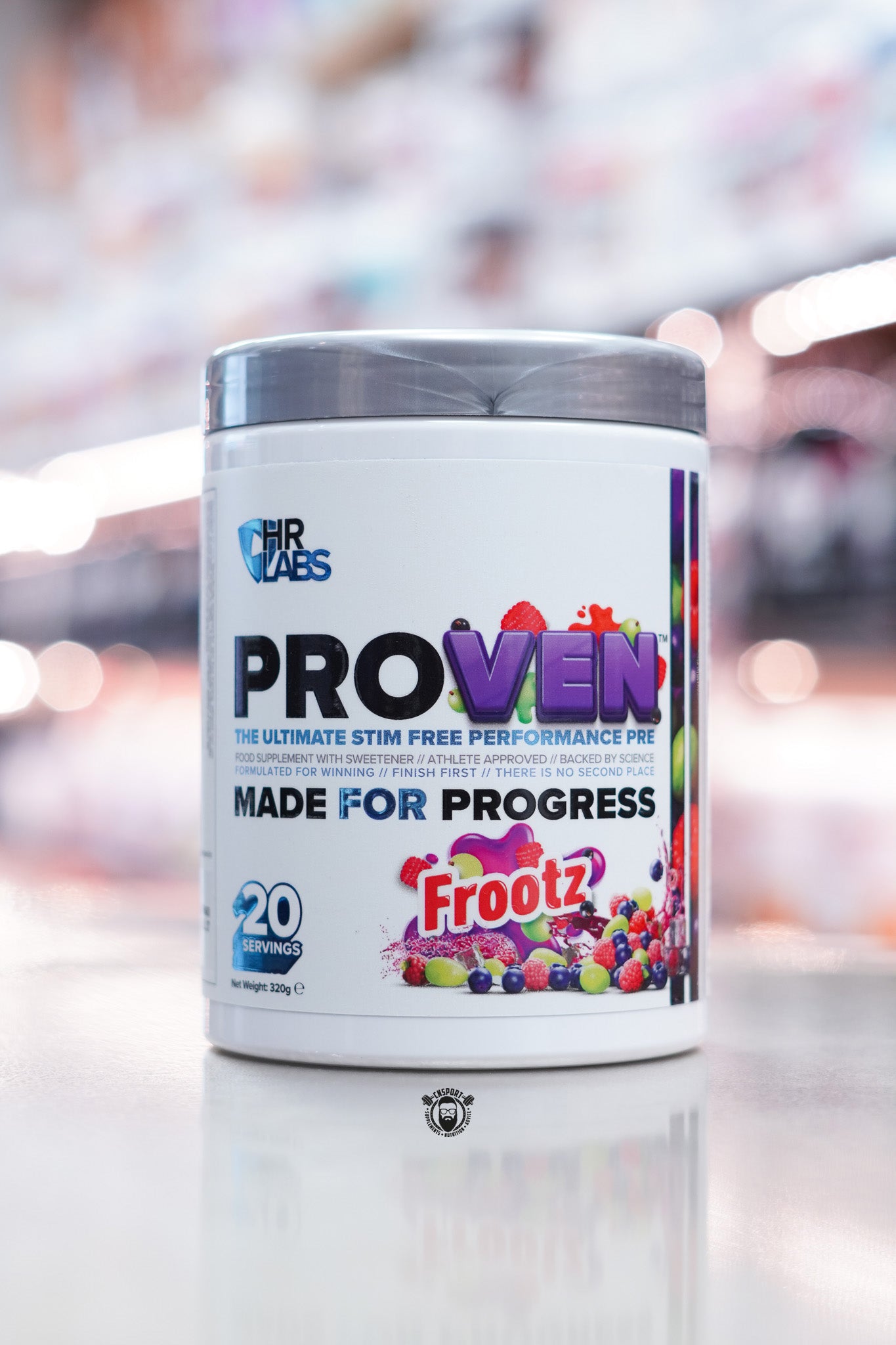 HR Labs Proven stim-free performance pre-workout in Frootz flavour, 20 servings tub with colourful fruit splash design.