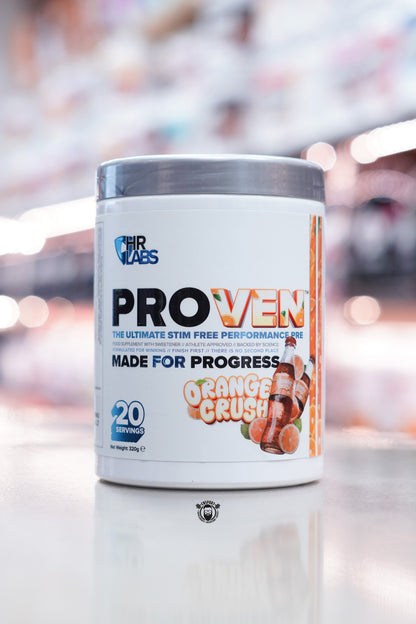 HR Labs Proven stim-free pre-workout in Orange Crush flavour, 20 servings tub with orange soda bottle design.