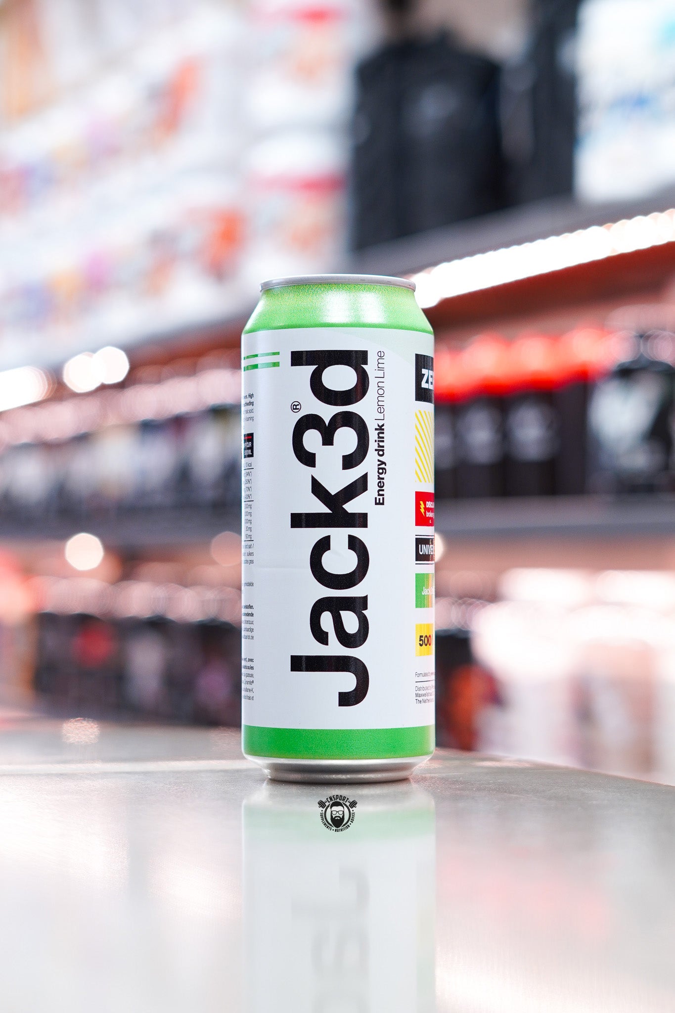 Jack3d Energy Drink Lemon Lime 500ml zero sugar can displayed on supplement store counter.