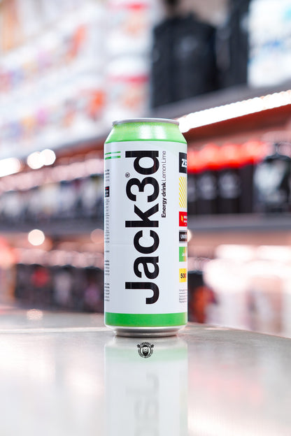 Jack3d Energy Drink Lemon Lime 500ml zero sugar can displayed on supplement store counter.