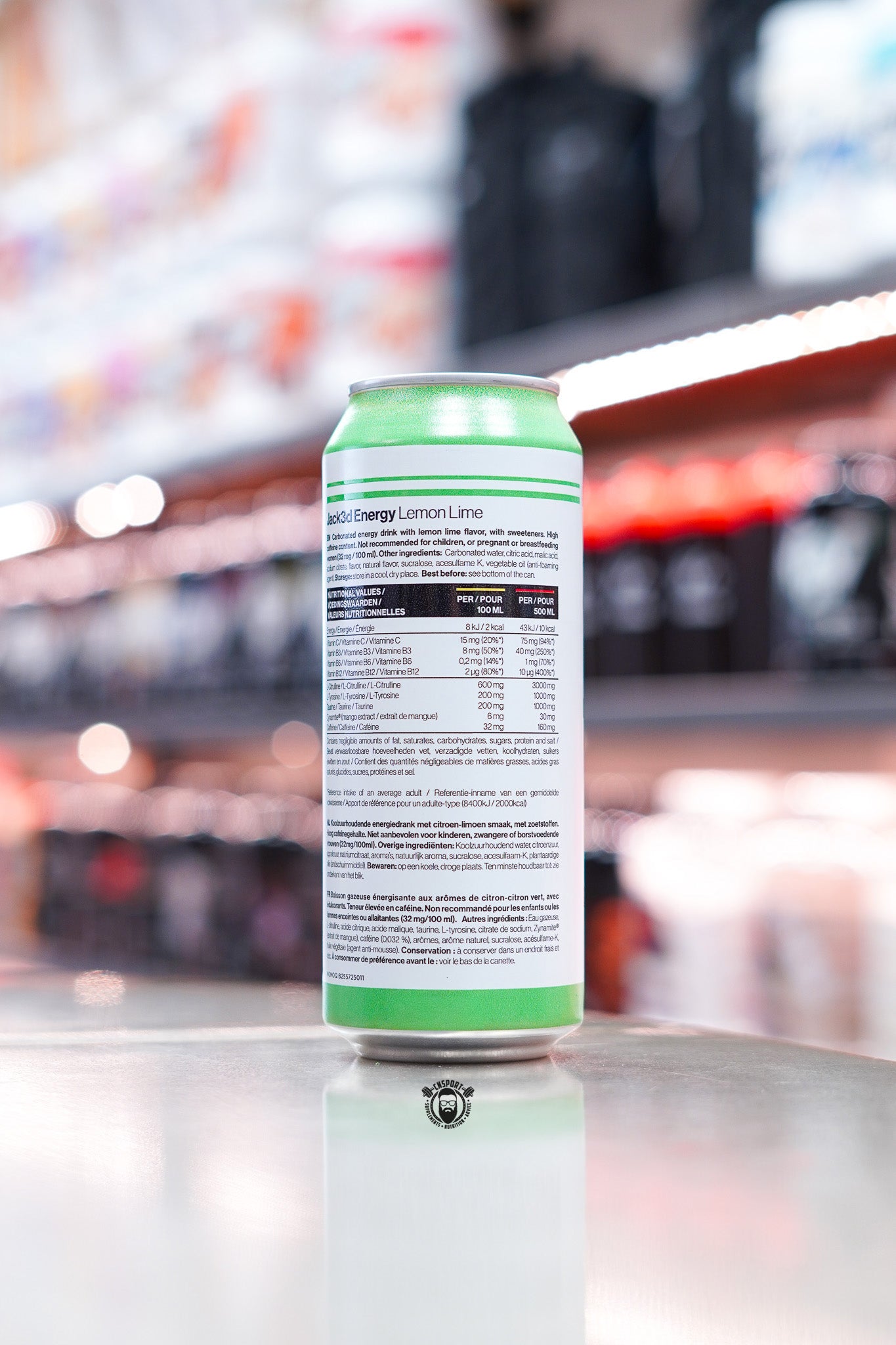 Jack3d Energy Drink Lemon Lime 500ml can showing nutritional information and ingredients panel.