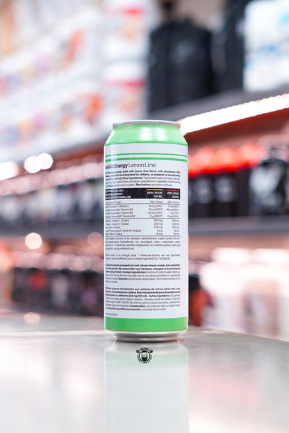 Jack3d Energy Drink Lemon Lime 500ml can showing nutritional information and ingredients panel.