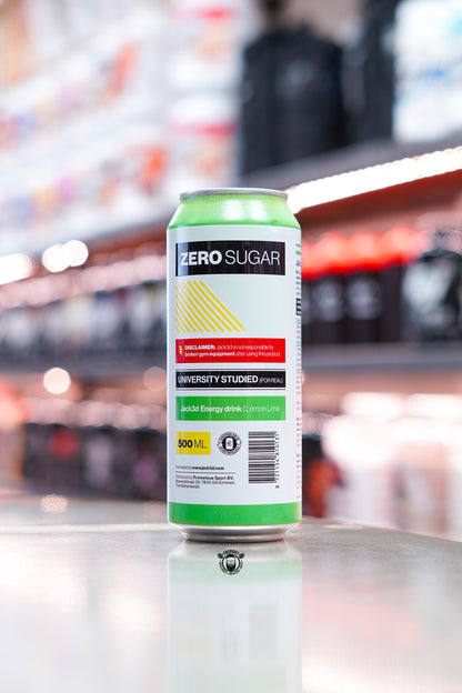 Jack3d Energy Drink Lemon Lime 500ml zero sugar can showing side branding and product details.
