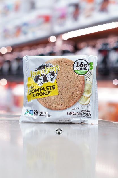 Package of Lenny & Larry's 'The Complete Cookie' with lemon poppy seed flavour on a blurred background