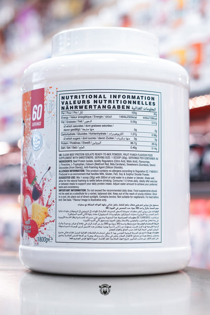 Back label of Naughty Boy Beef Zero Fruit Punch, showing nutritional information, ingredients, allergen warnings, usage instructions, and multi-language text on a white 1.8kg tub.