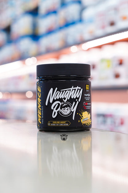 Naughty Boy Menace II Lemon Havoc flavour pre-workout powder tub with 30 to 60 servings