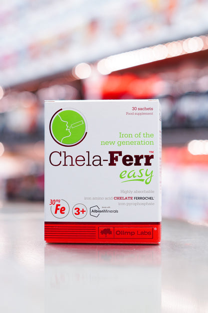 Olimp Labs Chela-Ferr Easy iron supplement box front showing iron content, Albion Minerals logo, and sachet count.