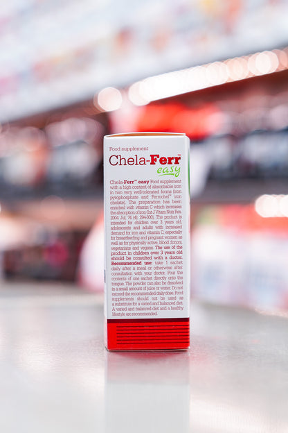 Olimp Labs Chela-Ferr Easy iron supplement box side showing product description, recommended use, and storage instructions.