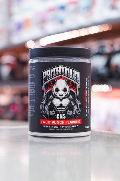 Front-facing image of CNSport Pandamonium Pre-Workout Fruit Punch flavour with muscular panda design and bold red accent label.