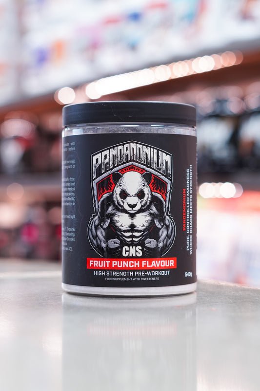 Front-facing image of CNSport Pandamonium Pre-Workout Fruit Punch flavour with muscular panda design and bold red accent label.
