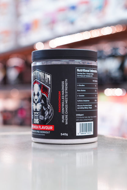 Side view of CNSport Pandamonium Pre-Workout Fruit Punch flavour showing label design and supplement facts in black and red layout.