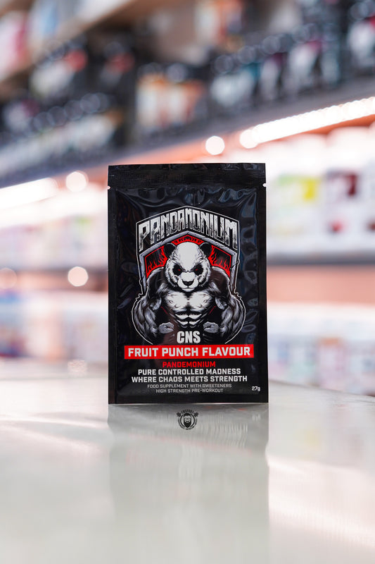 CNSport Pandamonium Fruit Punch pre-workout sample sachet, 27g high-strength formula featuring citrulline, beta-alanine, tyrosine and caffeine.