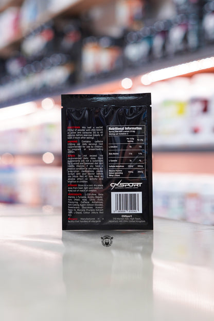 Rear of CNSport Pandamonium Fruit Punch pre-workout sample sachet showing nutritional information, ingredients, directions and supplement facts.
