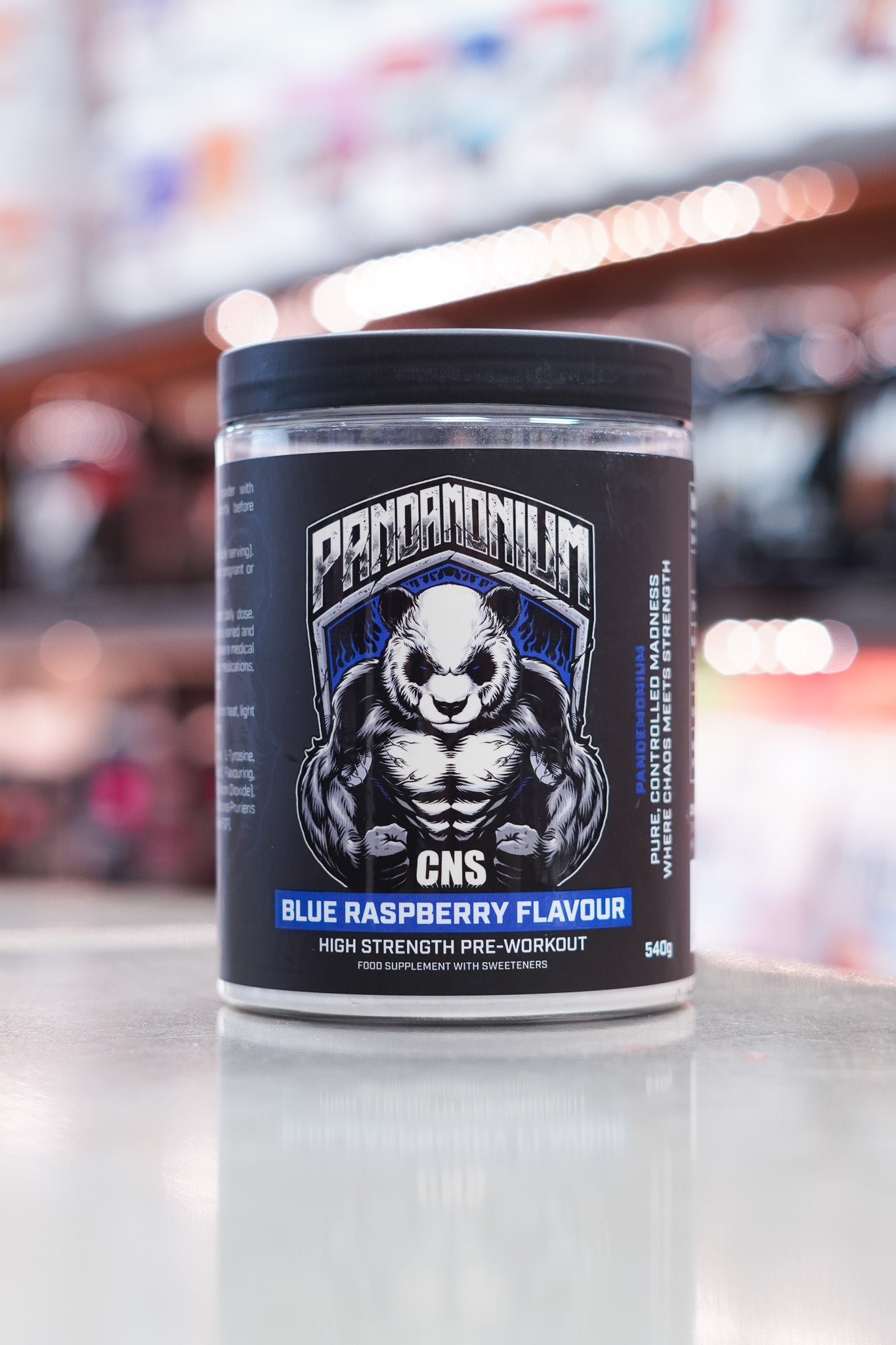 Front-facing image of CNSport Pandamonium Pre-Workout in Blue Raspberry flavour, featuring a bold panda graphic and high-strength pre-workout label design.
