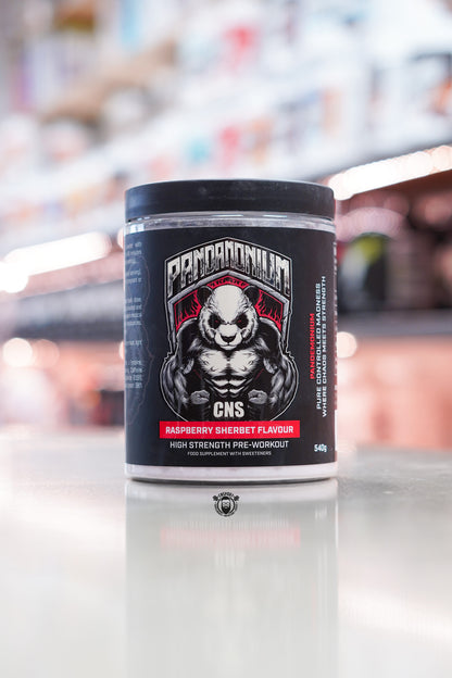 CNSport Pandamonium high strength pre-workout 540g tub, Raspberry Sherbet flavour, displayed on supplement store counter.