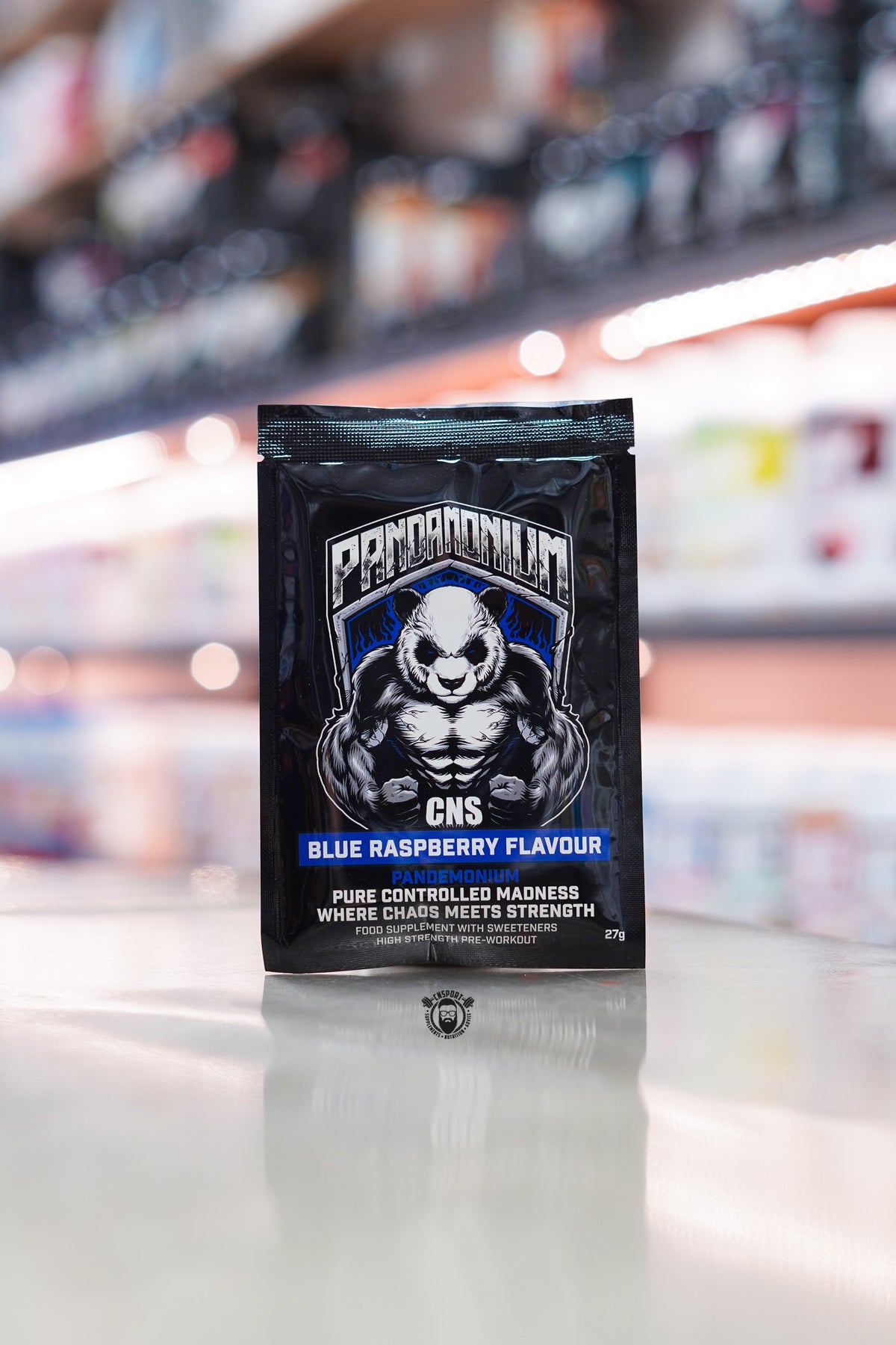 CNSport Pandamonium Blue Raspberry pre-workout sample sachet, 27g high-strength formula featuring citrulline, beta-alanine, tyrosine and caffeine.