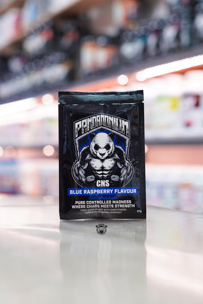 CNSport Pandamonium Blue Raspberry pre-workout sample sachet, 27g high-strength formula featuring citrulline, beta-alanine, tyrosine and caffeine.