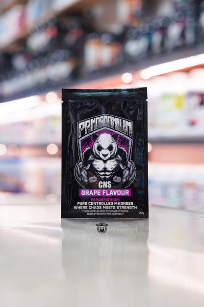 CNSport Pandamonium Grape pre-workout sample sachet, 27g high-strength formula featuring citrulline, beta-alanine, tyrosine and caffeine.
