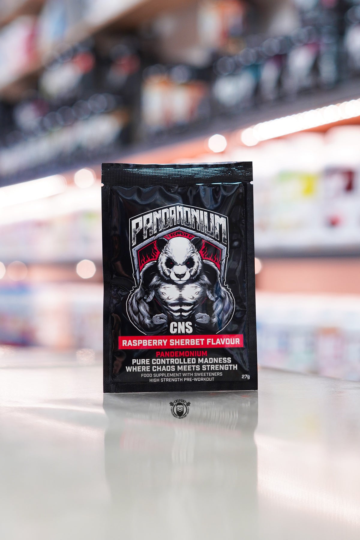 CNSport Pandamonium Raspberry Sherbet pre-workout sample sachet, 27g high-strength formula featuring citrulline, beta-alanine, tyrosine and caffeine.