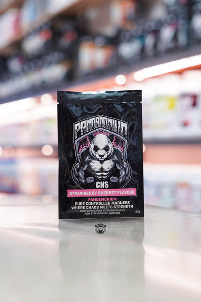 CNSport Pandamonium Strawberry Sherbet pre-workout sample sachet, 27g high-strength formula featuring citrulline, beta-alanine, tyrosine and caffeine.