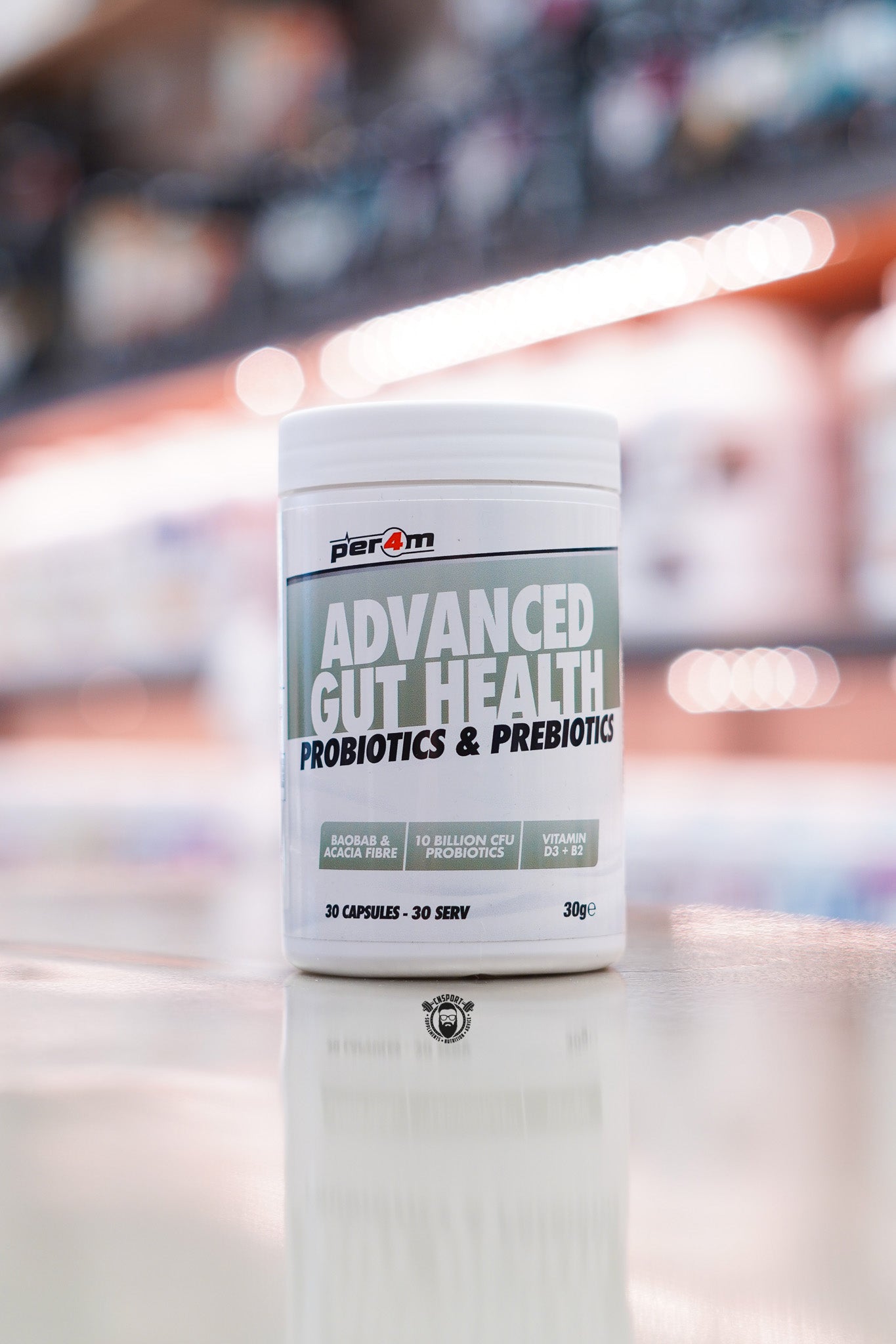 Per4m Advanced Gut Health Probiotics & Prebiotics featuring 10 billion CFU probiotics, baobab and acacia fibre, plus vitamins D3 and B2 with 30 servings per bottle.