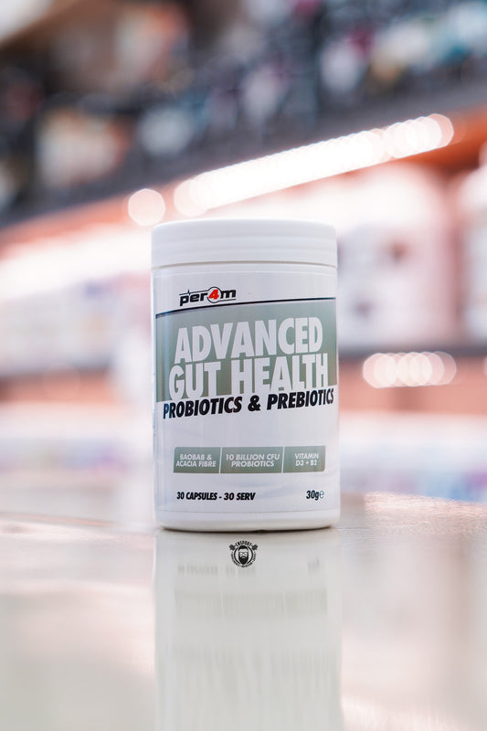 Per4m Advanced Gut Health Probiotics & Prebiotics featuring 10 billion CFU probiotics, baobab and acacia fibre, plus vitamins D3 and B2 with 30 servings per bottle.