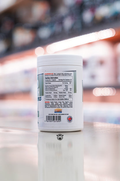 Per4m Advanced Gut Health nutritional information panel showing probiotic strains, prebiotic fibre blend, digestive enzymes, vitamins, ingredients and recommended daily serving.