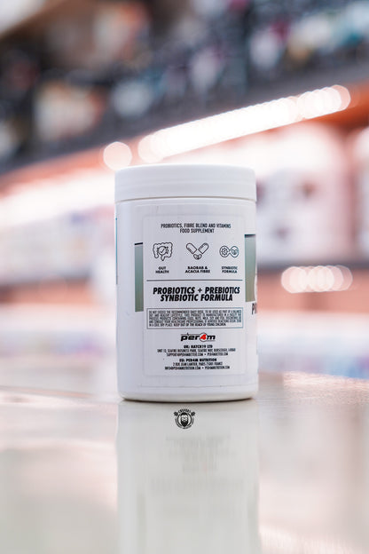 Side label of Per4m Advanced Gut Health highlighting the synbiotic formula, gut health benefits, probiotics, prebiotics and manufacturer information.