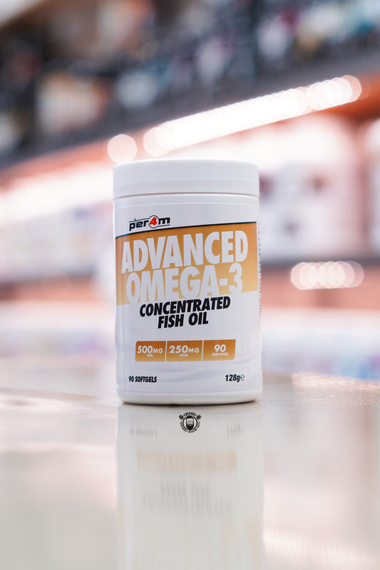 Per4m Advanced Omega-3 Concentrated Fish Oil providing 500mg EPA, 250mg DHA and 90 softgels for daily omega-3 support.