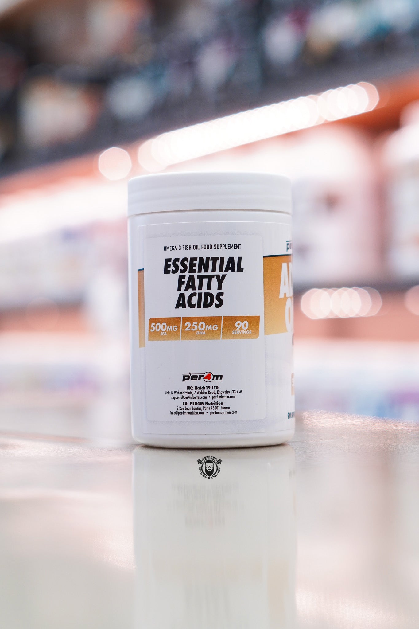 Side label of Per4m Advanced Omega-3 Concentrated Fish Oil highlighting EPA and DHA content, omega-3 benefits and manufacturer information.