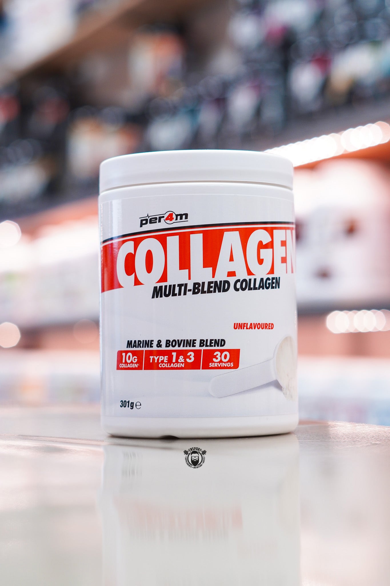 Per4m Multi-Blend Collagen powder, an unflavoured marine and bovine collagen supplement providing 10g of Type I & III collagen per serving with 30 servings per tub to support hair, skin, nails and joints.