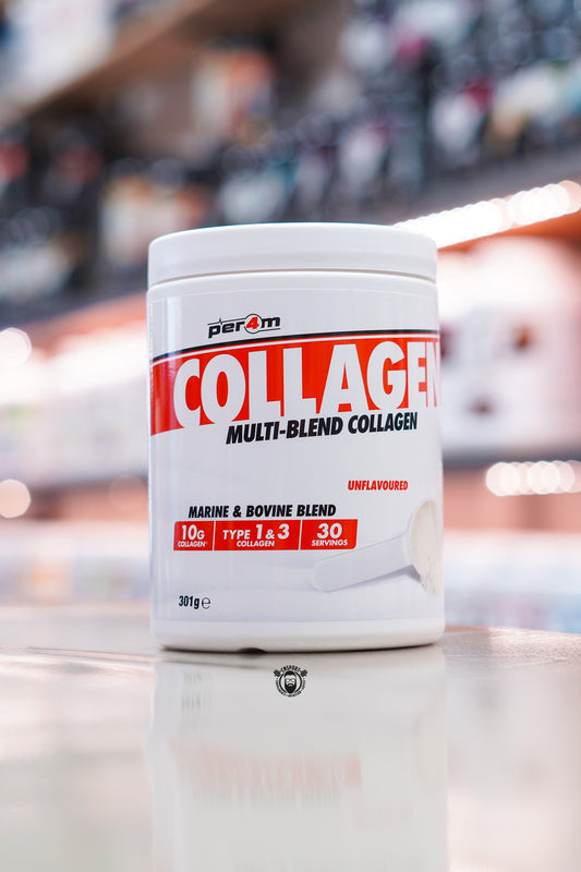 Per4m Multi-Blend Collagen powder, an unflavoured marine and bovine collagen supplement providing 10g of Type I & III collagen per serving with 30 servings per tub to support hair, skin, nails and joints.