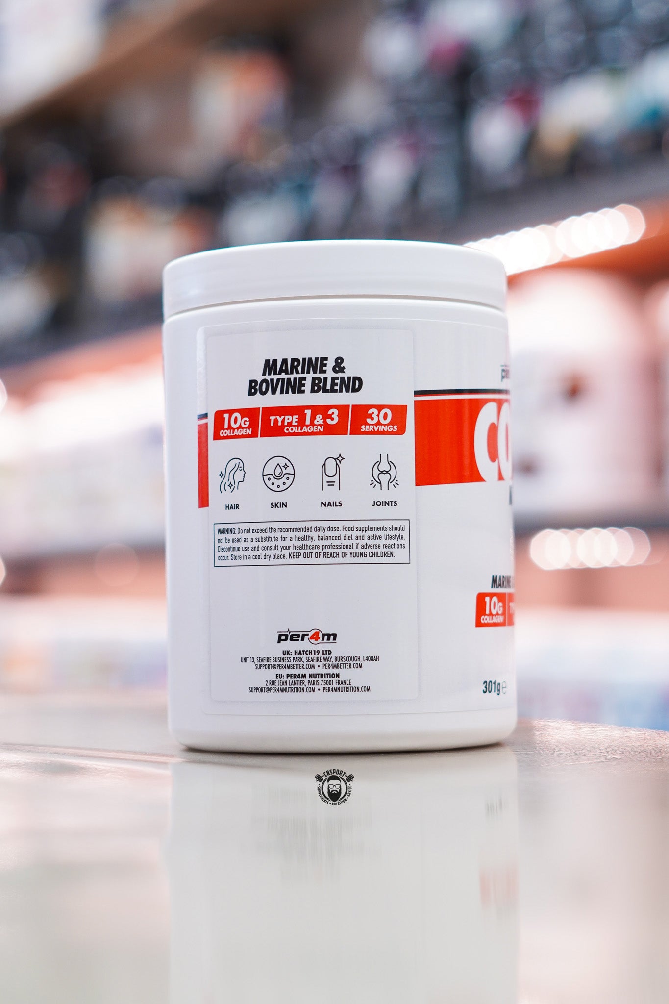 Side view of Per4m Multi-Blend Collagen highlighting the marine and bovine collagen blend, 10g collagen per serving, Type I & III collagen, 30 servings, and support for healthy hair, skin, nails and joints.