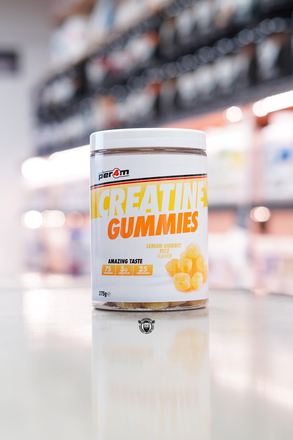 Per4m Creatine Gummies 375g Lemon Sherbet Fizz flavour tub containing 75 gummies, with 3g creatine per serving and 25 servings.